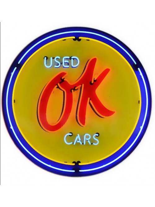 OK USED CARS NEON SIGN in steel can